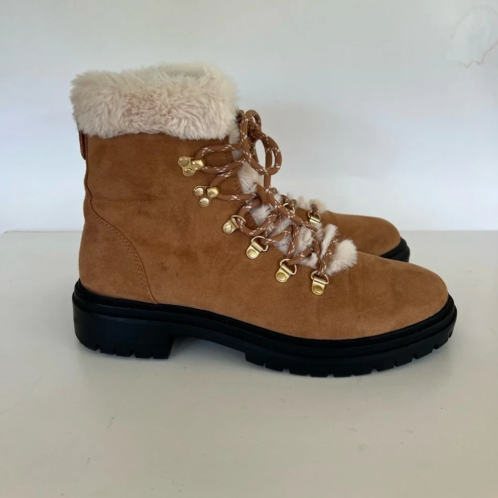 J. Crew Factory Faux-Fur Lace Up Winter Hiking Boots in Chestnut Brown, size 9